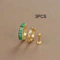 3PCS gold earring set featuring green gemstone hoops and polished minimalist studs - Gold with Green Rhinestone
