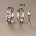 Detailed close-up of a 3-piece silver earring set featuring colorful cubic zirconia stones - Silver Tone with Colorful Rhinestone
