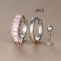 Detailed view of 3-piece silver earring set featuring pink zircon hoop and stud earrings - Silver With Pink Rhinestone
