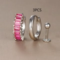 Detailed view of 3pcs earring set with silver hoop, red zircon, and ball stud on display - Silver With Rose Red Rhinestone