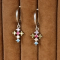 Detail of silver hoop earrings with a colorful zircon stone cross pendant on brown velvet - Colorful Rhinestone Cross Pendant Style / Silver (E1165)