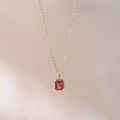 Minimalist 18k gold-plated necklace with a square-cut pink gemstone pendant - Rose Red (July)