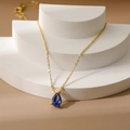 18k gold pear-cut deep blue zircon necklace teardrop pendant with fine link chain - September Sapphire Blue