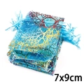 Bolsitas de organza azul claro con patrones de coral dorados, saquitos de 7x9cm - 10 Piezas/Paquete / 7x9cm / Azul