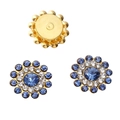 Golden sunburst flower button with royal blue rhinestones and white crystal accents - Light Blue