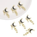 Golden Y2K crescent moon pendant with black enamel, rhinestones and star tassels for DIY - Tassel Crescent Moon Pendant Gold Black