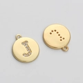14K gold plated circular letter J charm with cubic zirconia for DIY jewelry making - Letter J