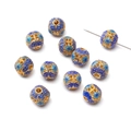Blaue und goldene Cloisonné-Emaille-Perlen mit Hohlmuster für DIY-Schmuckherstellung - Floral Leaf Serie - Quadratisch-runde Abstandsperle / 1 Stück (Durchmesser 8mm/Loch 2.2mm) / Blau