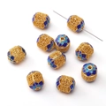 Goldene hohle Cloisonné Emaille Perlen mit blauem Blumenmuster für DIY Schmuckherstellung - Filigran-Serie - Sechsblättrige lange Zylinderperle / 1 Stück (12x9mm/Loch 1.6mm) / Blau