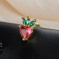 Macro view of strawberry stud earring with red heart zircon and green marquise stones - Strawberry Style (60075-3 Gold)