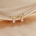 Detailed close-up of pink teardrop zircon earrings with S925 engraved gold buckle - Pink Pendant (E1045-Gold Pink)