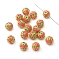 Hohlkugelförmige Legierungsperle mit rosa und mintgrünem Emaille-Blattdekor in Gold - Farbserie - Blattschmuck-Rundperle / 1 Stück (Durchmesser 10mm/Loch 1.6mm) / Rose Grün