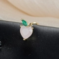 Macro detail of heart-shaped pink gem ear stud with green leaf stone and gold screw back - Pink Heart-Shaped Apple Style (60075-5 Gold)