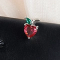 Macro view of crystal cherry fruit earring with red heart stone and green leaf detail - Red Heart-Shaped Apple Style (60075-7 Silver)