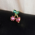 Macro shot of cherry stud earring with pink heart crystal and green leaf detail - Pink Heart Cherry Style (60075-11 Gold)