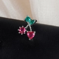 Detailed close-up of cherry stud earring with red heart stones and green gem leaves - Pink Heart Cherry Style (60075-11 Silver)