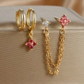 18K gold plated tassel earring set with pink zircon floral charms and S925 engraving - Gold-Red