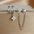 Three-piece 18K silver-plated earring set with zircon floral charms and dainty chains - Silver-White