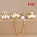 Detailed view of a 3pcs gold earring set featuring marquise zircon crowns and chain tassels - Combination Set / Gold