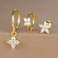 Three-piece gold flower earring set with sparkling cubic zirconia in 925 sterling silver - Four-leaf Flower Style (Y26003-1) / Gold