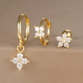 Three-piece set of gold S925 sterling silver hoop earrings with sparkling zircon flowers - Large Hoop Pendant Flower Style (Y26003-2) / Gold