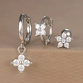 Detailed close-up of three-piece silver zircon floral earring set with clover charms - Large Hoop Pendant Flower Style (Y26003-2) / Silver