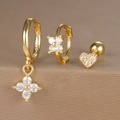 Detailed view of 925 sterling silver gold earrings set with zircon clover and heart studs - Four-leaf Clover Heart Style (Y26003-4) / Gold