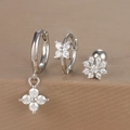 Detail view of silver floral earrings set with cubic zirconia and screw-back stud - Snowflake Floral Set / Silver (Y26002-2)