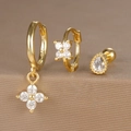 Macro detail of gold S925 silver earrings set with zircon flowers and pear drop - Flower Teardrop Style (Y26003-6) / Gold