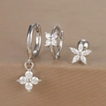 Detailed macro view of silver geometric flower earrings set with micro-inlaid zircons - Silver (Y26002-4)