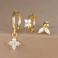 Detail of three-piece gold earring set with S925 sterling silver stamp and clear zircon - Flower Ear Bone Stud Style (Y26003-7) / Gold