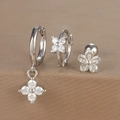 Macro shot of a three-piece silver jewelry set featuring floral zircon and star charms - Silver (Y26002-5)