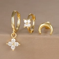 Macro detail of gold S925 earrings set with clover and moon zircon accents - Flower Moon Style (Y26003-9) / Gold