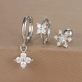 Macro detail of geometric silver earrings set with micro-set zircon floral patterns - Silver (Y26002-9)