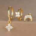 Detailed view of three-piece gold S925 sterling silver earrings with clover and moon - Moon Clover Style (Y26003-14) / Gold