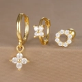 Detailed view of three-piece gold floral earring set with 925 stamp and cubic zirconia - Round Zircon Flower Style (Y26003-15) / Gold