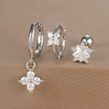 Detailed set of silver geometric earrings featuring zircon floral and star motifs - Silver (Y26002-12)