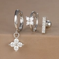 Macro detail of silver zircon earrings set featuring floral charms and sparkling stones - Bar Zircon Flower Style (Y26003-16) / Silver