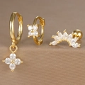 Detail of three-piece gold earring set with S925 stamp, flower charms and zircon stones - Fan Horse Eye Zircon Style (Y26003-19) / Gold