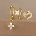 Macro shot of 18K gold plated S925 silver earrings set with zircon clover and heart studs - Gold (Y26002-17)