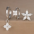 Macro view of three-piece earring set with clover pendant, hoop, and zircon flower stud - Five-petal Flower Heart Style (Y26003-20) / Silver
