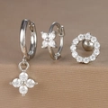 Detail of silver earring set featuring flower charms and sparkling white zircon hoops - Four-leaf Flower Bead Edge Style (Y26003-21) / Silver