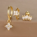 Detailed close-up of gold-plated S925 silver earring set with zircons and crown motif - Gold (Y26002-21)