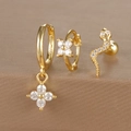 Detail shot of gold-plated S925 silver earrings with flower charms and pavé snake stud - Gold (Y26002-24)