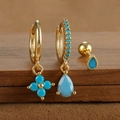 Detail of 925 sterling silver turquoise earring set with gold plating and flower charms - Gold Style 1