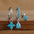 Close-up of S925 silver earring set featuring turquoise flowers and drop charms - Silver Style 2