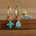 Detail view of gold-plated S925 silver earrings set with blue turquoise stones and engraving - Gold Style 6