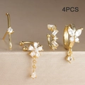 4-piece set of 18k gold plated flower tassel ear clips with white zircon crystals - Gold