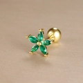 Macro view of flower stud earring with green marquise zircons and gold screw ball back - Marquise Flower Style (Y26032-1)