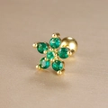 Macro detail of gold-plated green zircon flower cartilage stud with screw ball back - Pavé Five-Petal Flower Style (Y26032-2)